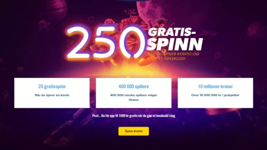 få 250 gratisspinn hos igame casino